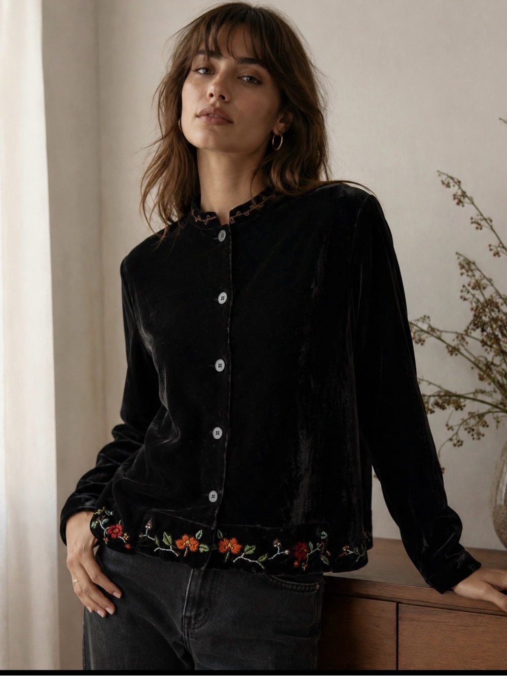 Kiko 90’s Velvet Silk Velvet Embroidered Whimsigoth Top Cardigan Jacket Size L